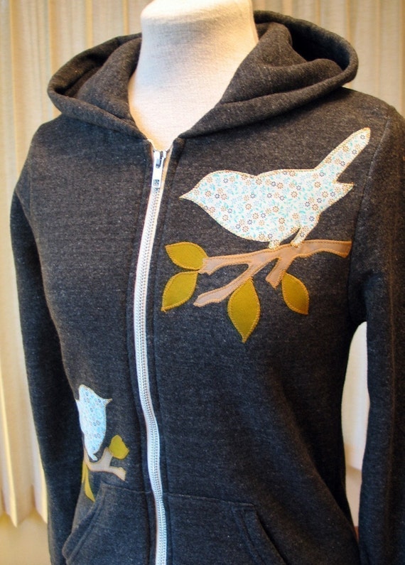 Blue Calico Love Bird Hoodie, Charcoal Gray, Size Small Medium, Large, XLarge