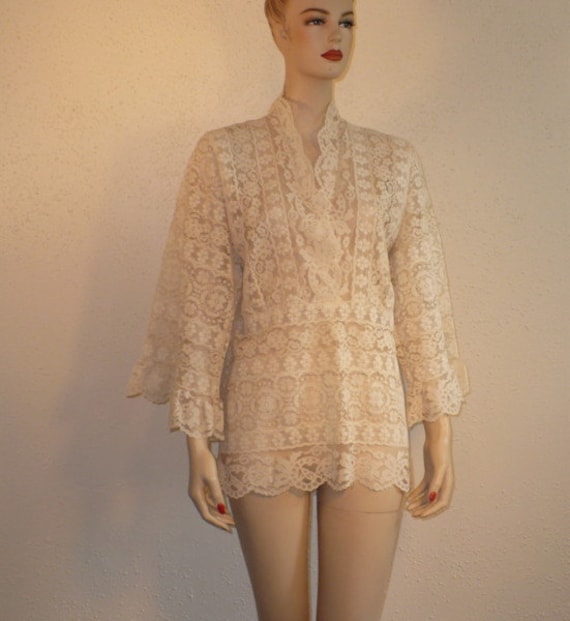 S/M Lace Blouse Mini Dress 60's Vintage Cotton Shirt Top White Angel Sleeves