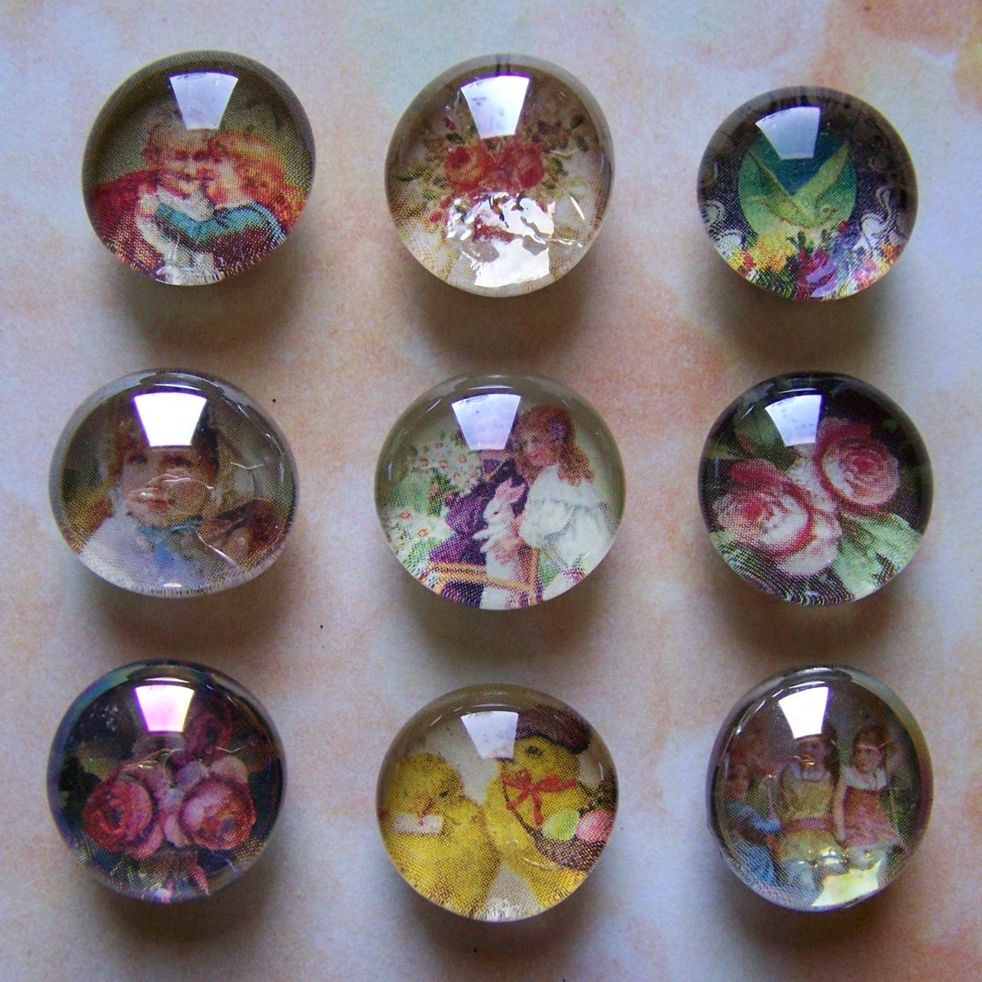 Set of 9 Upcycled Victorian Flora Fauna Glass Marble Magnets
