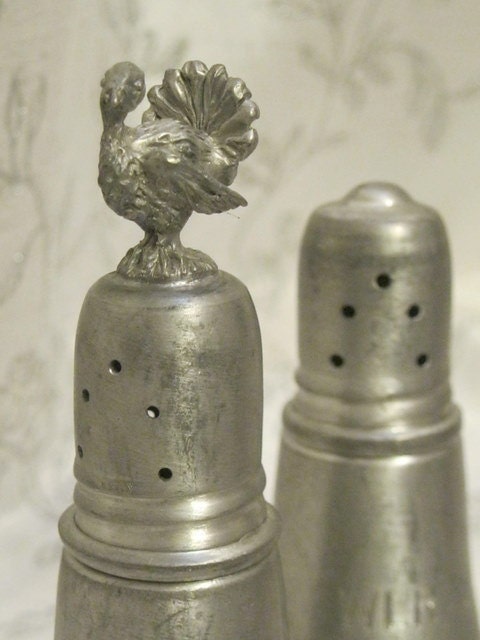 Vintage Garden Pewter Salt & Pepper Shakers - Pewter over Amber Glass