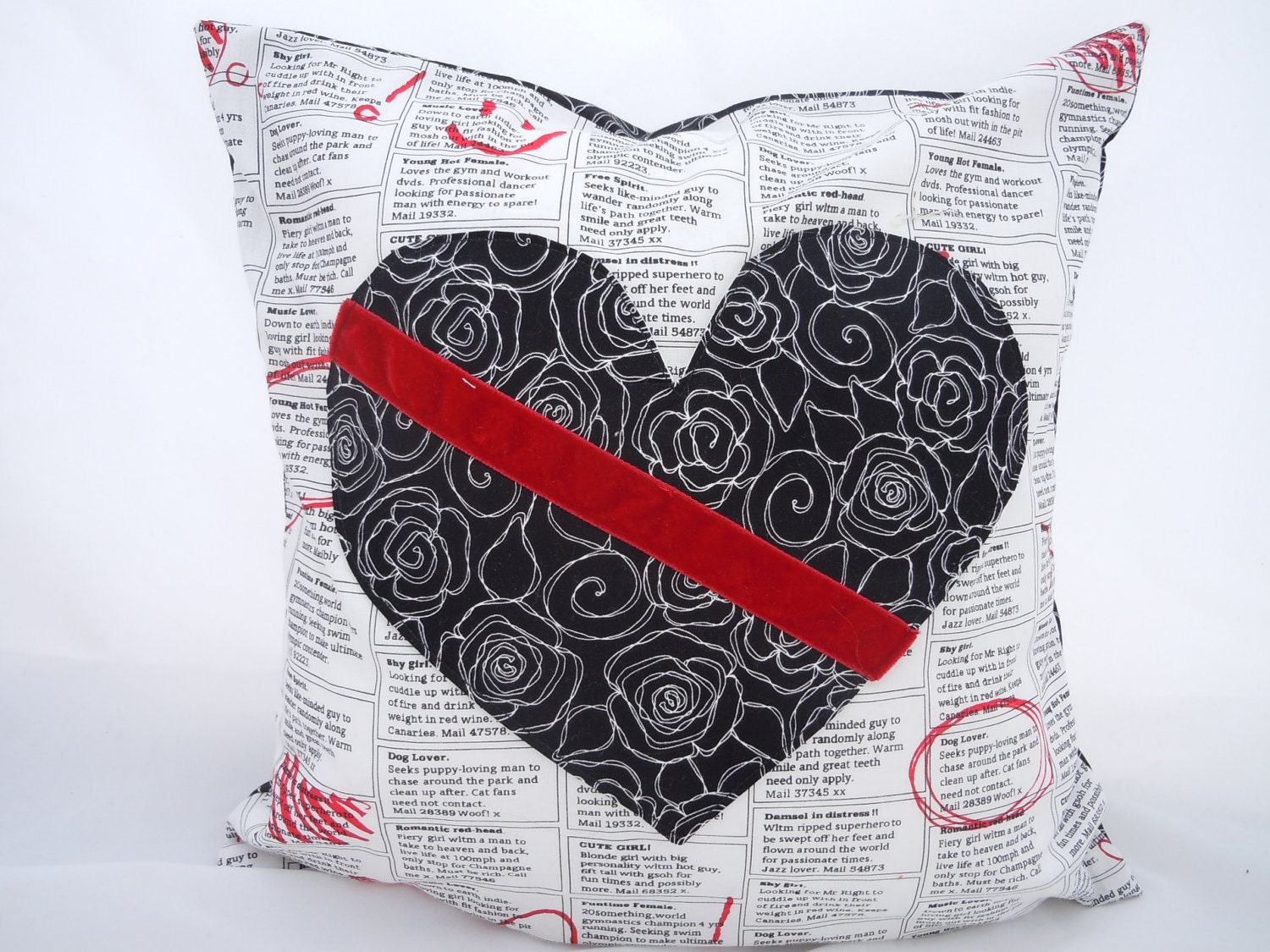 Heart  Pillow, Black, White and Red Love and Romance