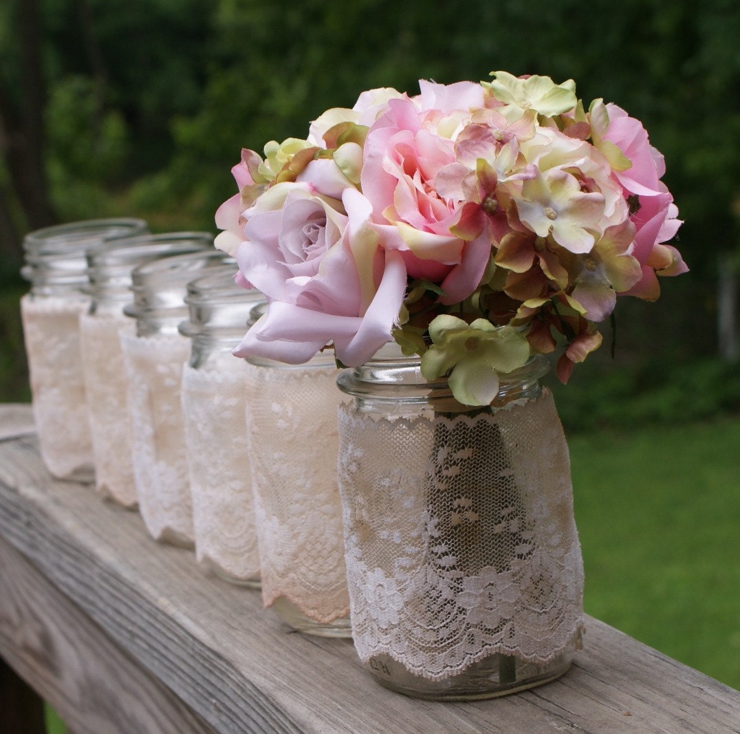 set of 6 vintage jars, centerpieces vases candles romantic  vintage  cottage  beach shabby chic coastal antique farmhouse garden outdoor