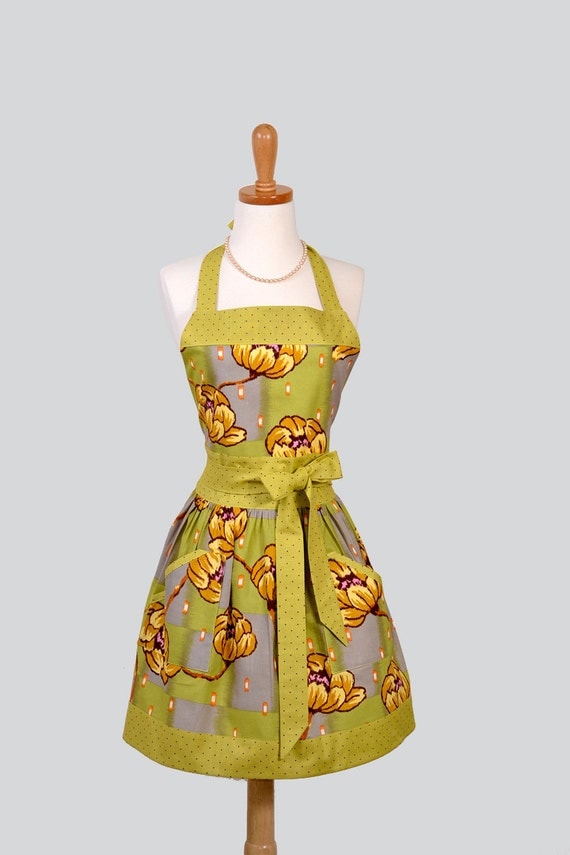 Womens Bib Apron , Classic and Sophisticated Design using Lotus Water Lily Fabric by Amy Butler