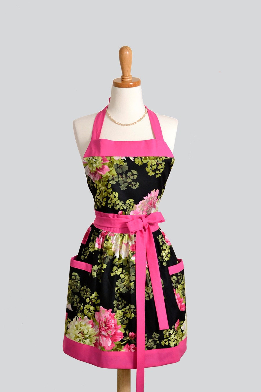 Womens Bib Apron / Vintage Inspired Black Bib with Hot Pink Rose Bouquets Trimmed in Hot Pink Dots