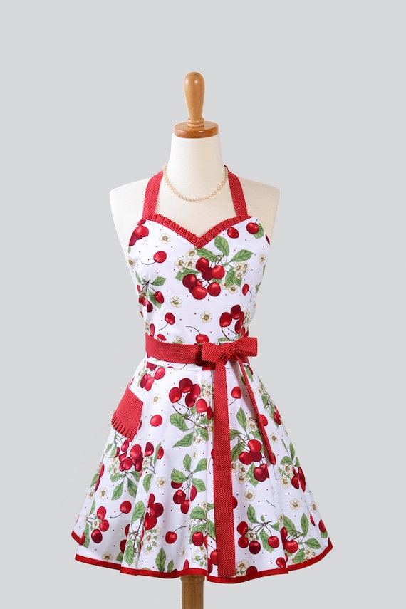 Womens Sweetheart Hostess Apron - Timeless Treasures Red Cherry Jubilee Vintage Style with Polka Dot - As Featured in MOLLIE MAKES magazine