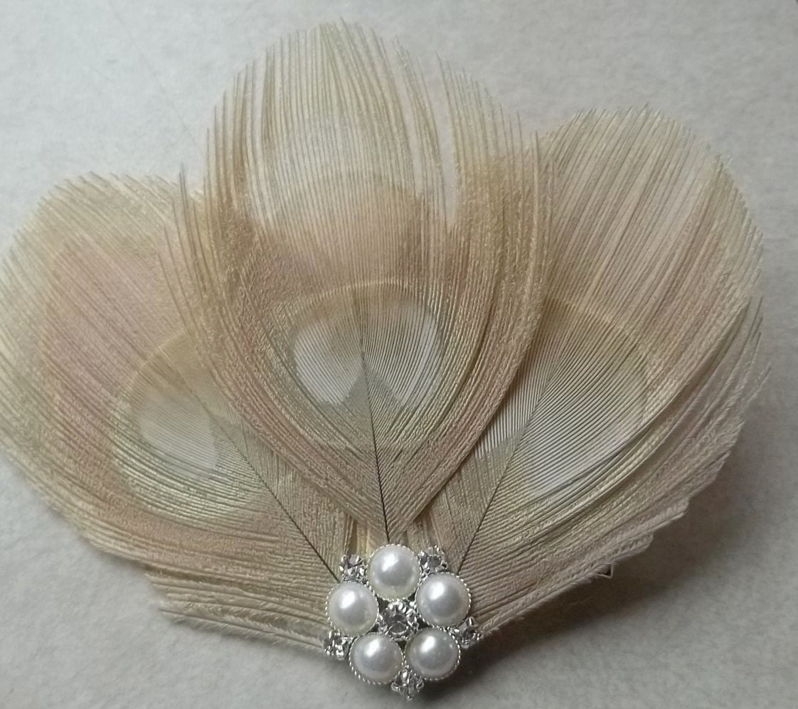 Bella - Ivory (Champagne, cream) Feather Fascinator, Rhinestones pearls, Bridal Wedding, Special Occasion, Ship Ready