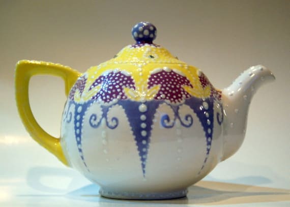 Teapot Whimsical Handpainted, Glazed kiln fired Ceramic Teapot