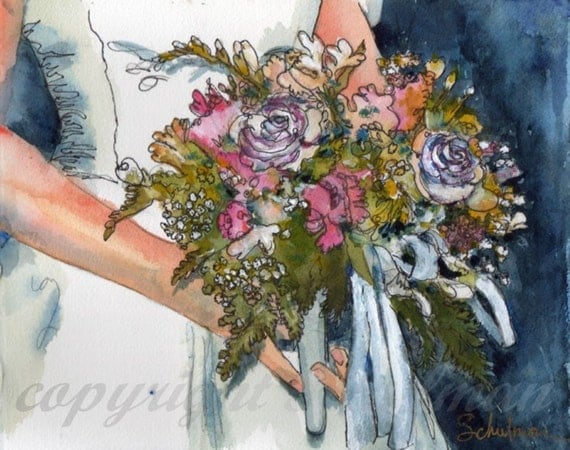 Wedding Keepsake, Order an original 11x14" matted watercolor painting of bridal bouquet