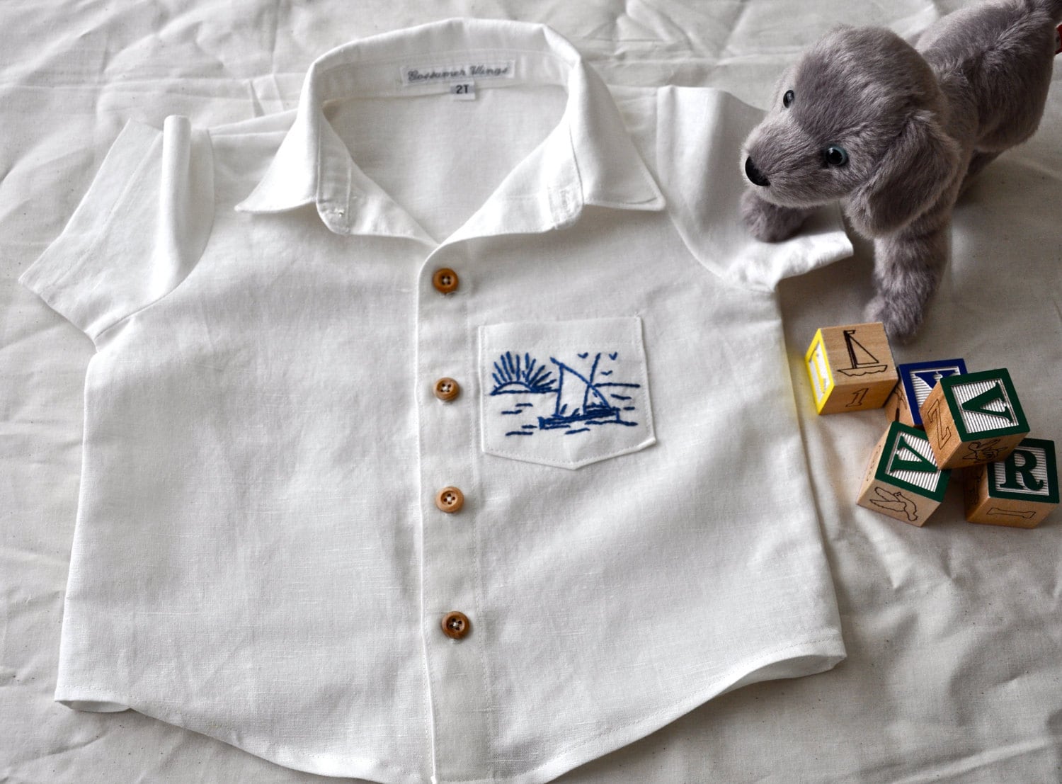 2T boys, cotton/linen button up handmade shirt, with hand embroidered sailboat scene