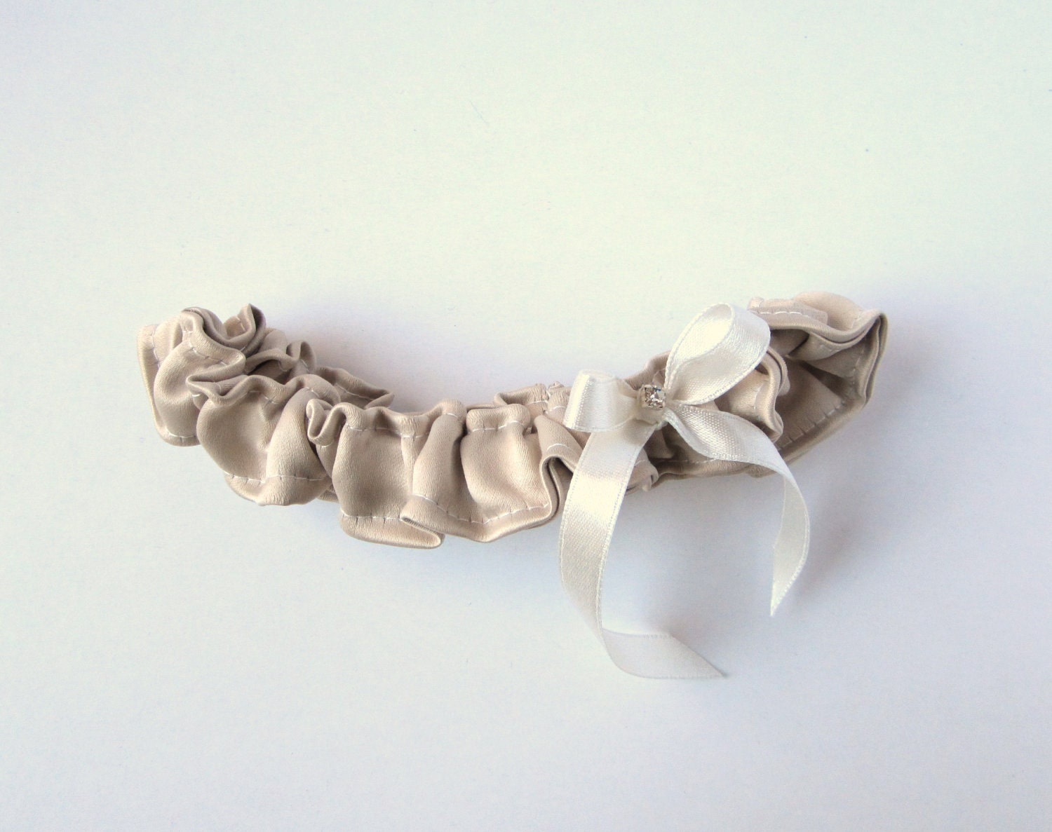 SINGLE Simple Champagne Bridal Satin Garter with Off White Bow and Swarovski Crystal Diamonte