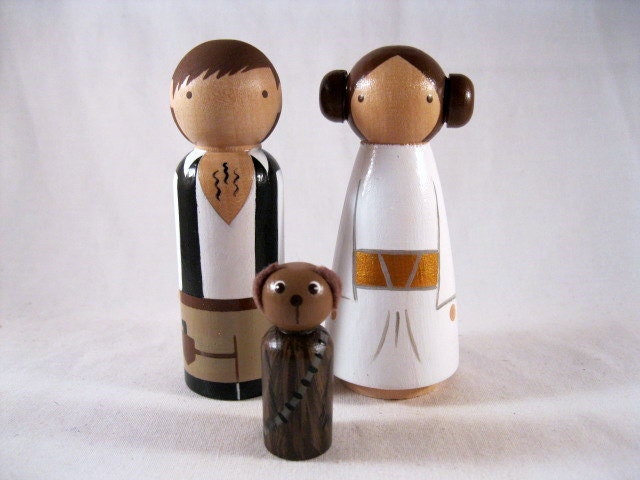 Princess Leia Han Solo and Chewie Dog Wood Doll Cake Toppers
