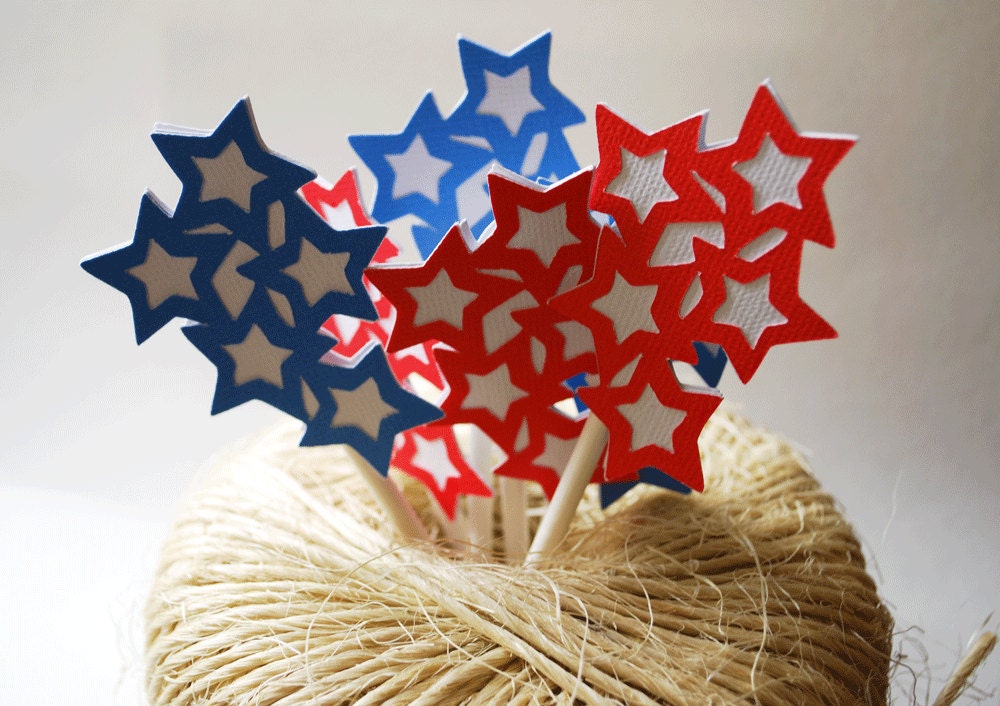 Starburst INDEPENDENCE DAY 4th of JULY Cupcake Toppers, In Red, White, and Blue, Set of 12 By Your Little Cupcake