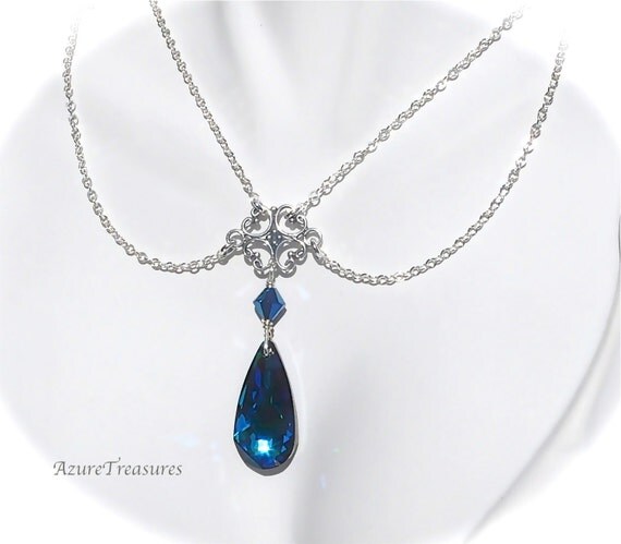 Alexandra, Swarovski Bermuda Blue Crystal Teardrop Necklace Swag Sterling Silver Bridal, Wedding Neclace