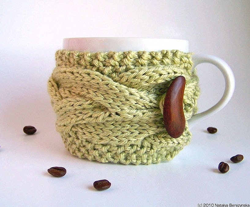 Sage Green Cup Cozy, Mug Sleeve, Tea Coffee, khaki Pastel Garden Flowers Dusty Pale Pastel Turf Peapod Wood Forest Nature Knit Knitted