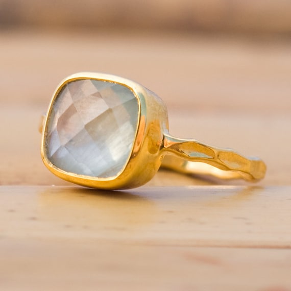 18K Hand Hammered Gold Vermeil and Faceted Prehnite Ring