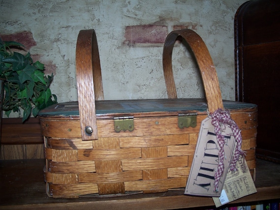 Primitive OOAK Handpainted Antique Woven Picnic Basket