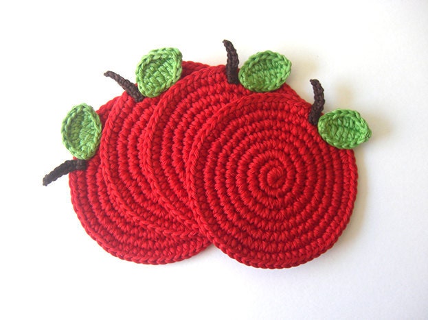 Red Apple Coasters . As Featured on Etsy Finds. Cherry, Wine Carmin Scarlet. Beverage, Green, Decor Crochet Fruit Collection - Set of 4
