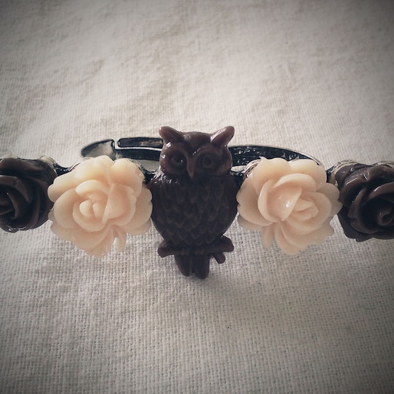 Chocolate and Cream Owl Two Finger Ring Shabby Chic by glamasaurus 