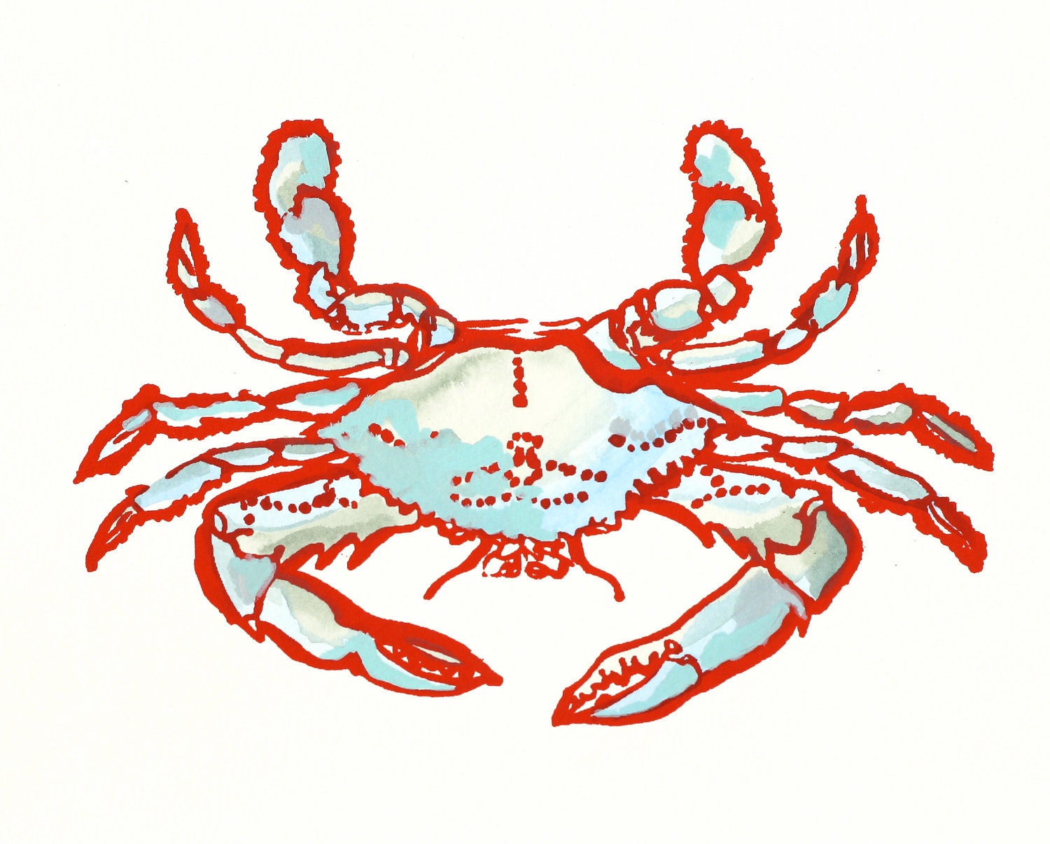 Crab screen print with watercolor, red and aqua