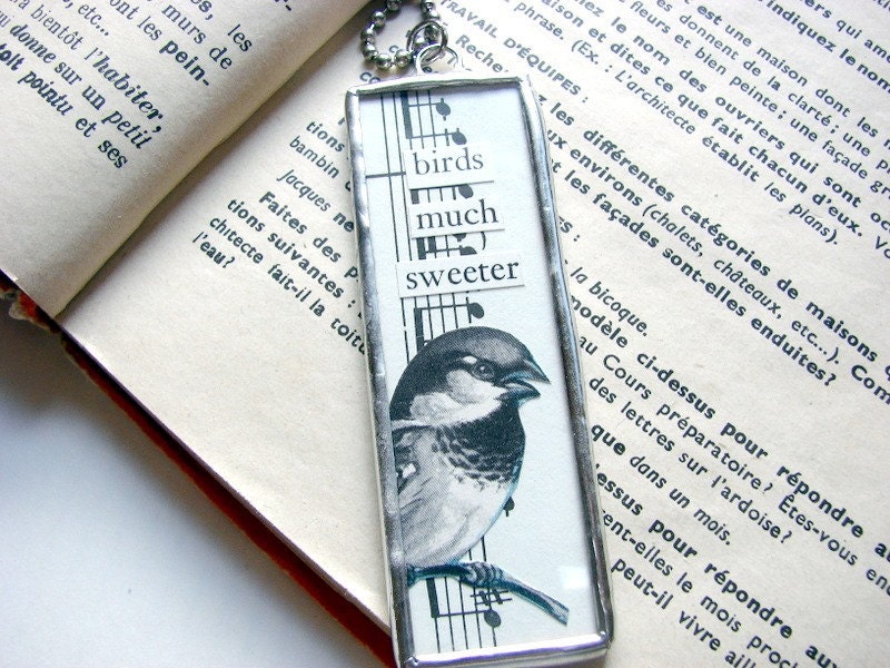 SALE- Birds Much Sweeter- A Big Soldered Glass Charm Pendant Necklace- Collage Bird Microscope Slide
