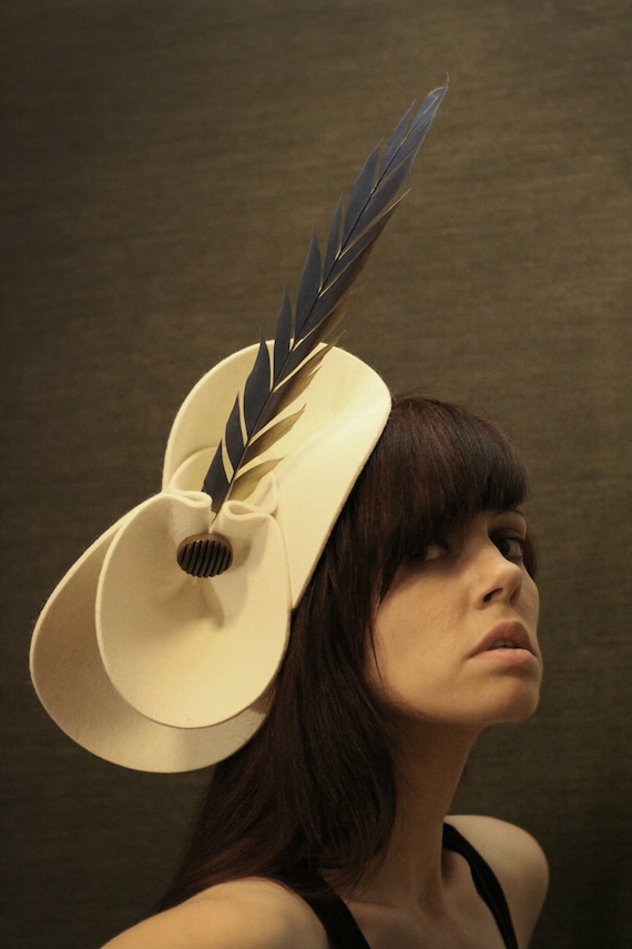 Large Cream Felt Hat with Shaped Parrot Feather and Vintage Button - Bird of Paradise Series