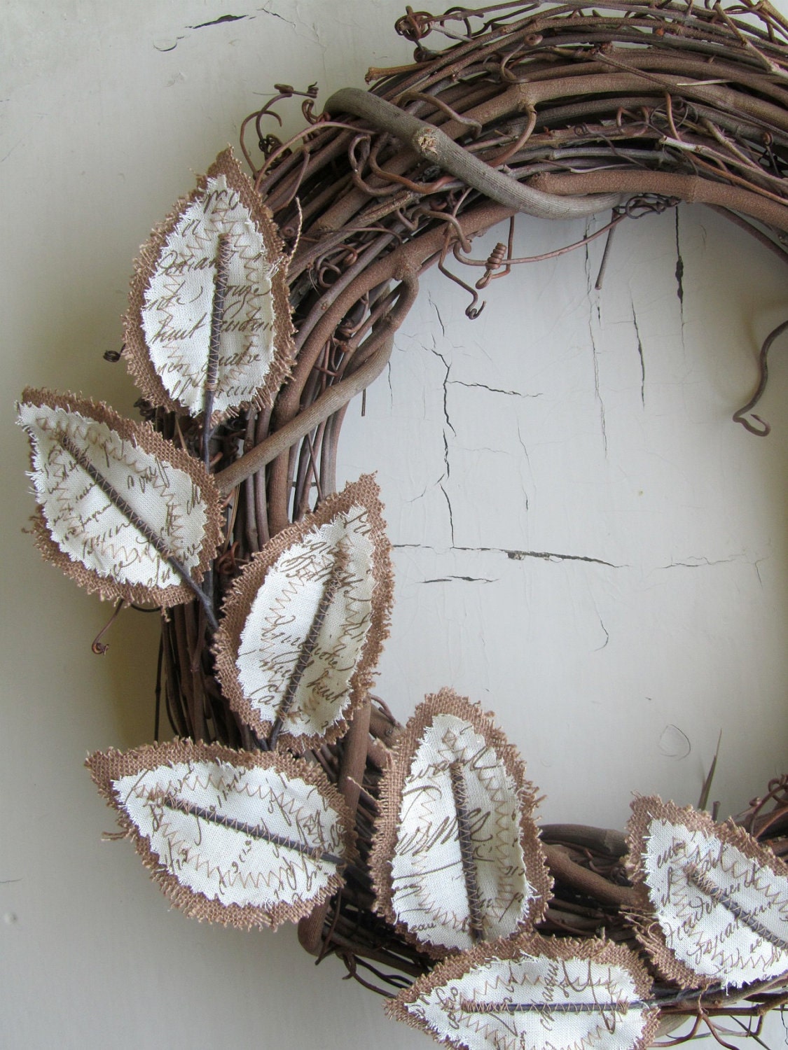 Fabric Leaf Wreath - Antique Script