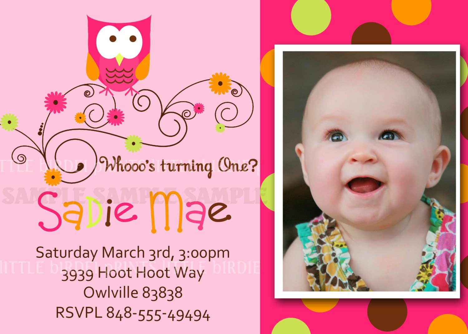 Swirly Retro Owl Invitation. Custom for your birthday party or baby shower invite. Photo/no photo option