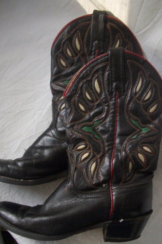 Vtg Acme cowboy boots black colored inlays 6.5 women