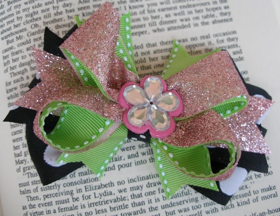Glitter and Glamour Pink Green Black White Boutique Hair Bow