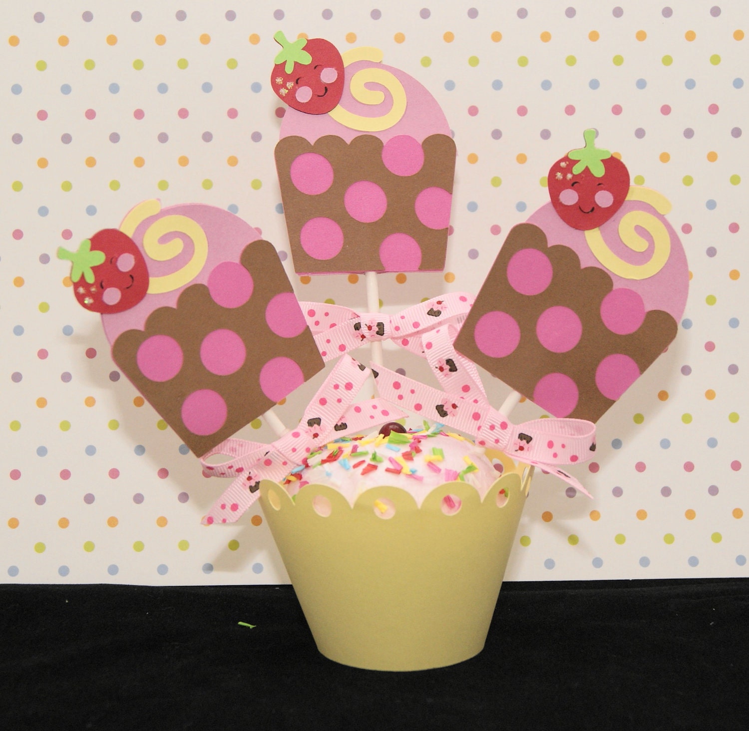 Cupcake with Smiling Strawberry Cupcake Topper, Set of 12 -- Ready to Ship