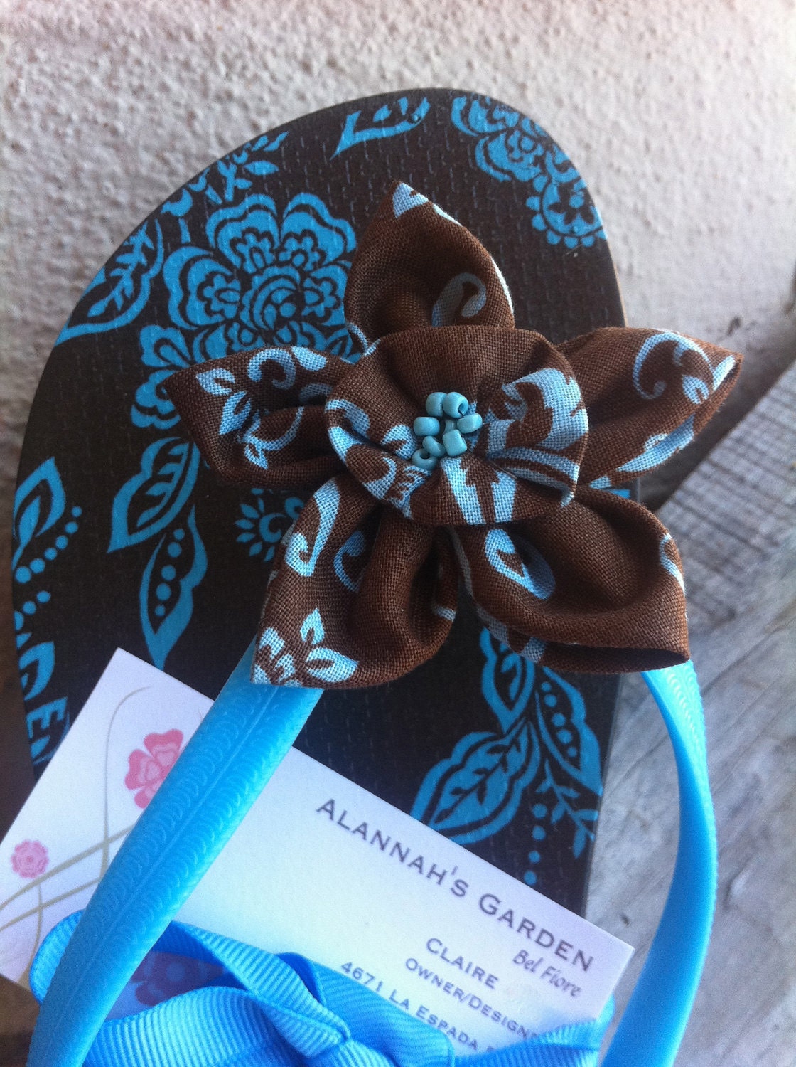 Women's Flip Flops  Turquoise Blue and Brown with Turquoise and Brown Fabric Flowers