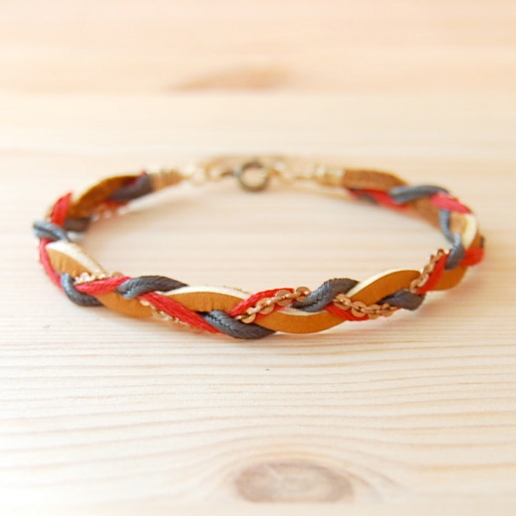 Bohemian Brass & Leather Bracelet: Cranberry Red, Gray and Camel