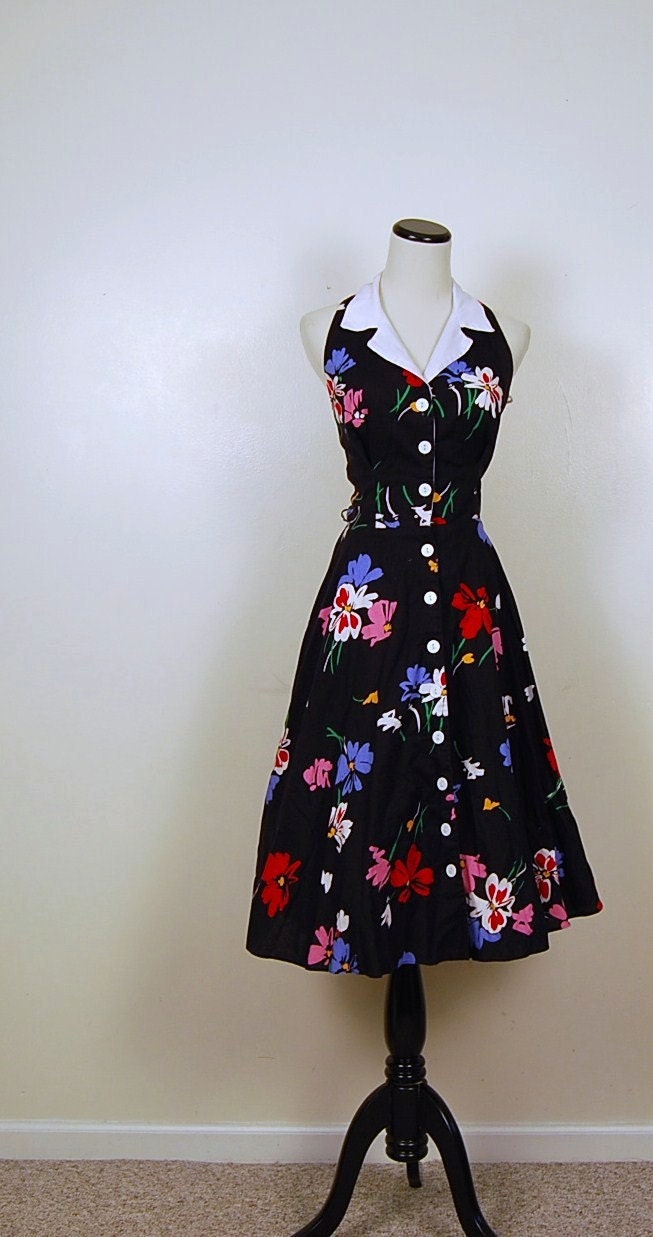 Vintage Bombshell Halter Black Floral Dress