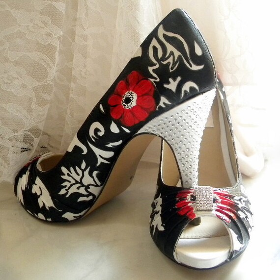 Wedding shoes painted damask red anemones crystals heels