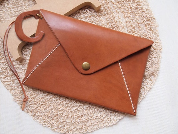 Personalized Envelope Clutch with Initial Letters - Leather - Rust - Hand Stitched - Front Page of Etsy