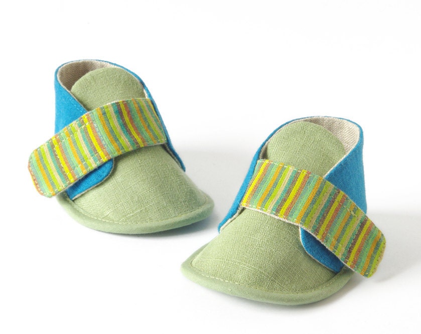 Eco baby booties - Lodlo newborn baby shoes, green, azure & stripes, baby slippers