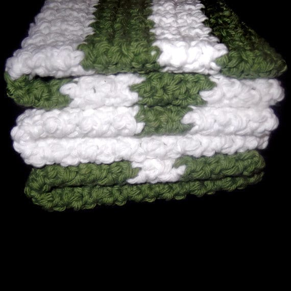 Handmade Crochet Washcloths in Green and White
