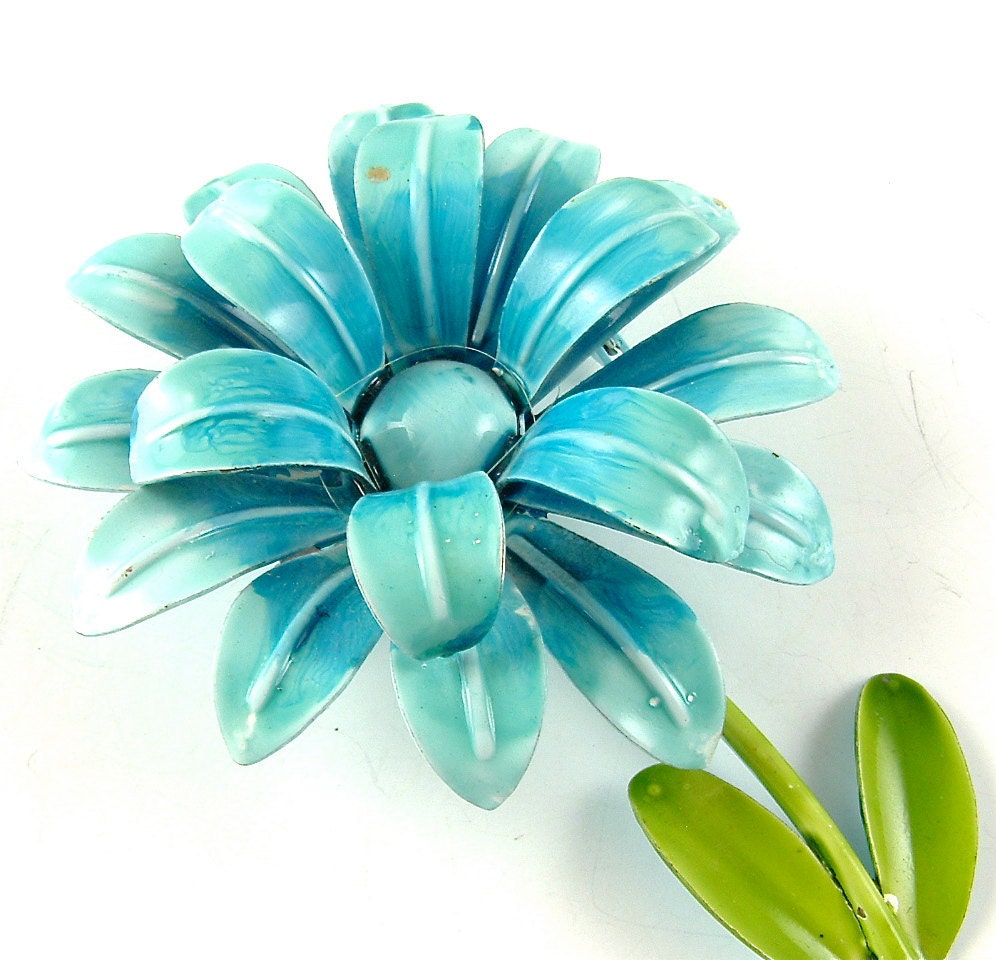 Vintage Flower  Brooch Turquoise Blue Curled Petal Layered Floral Brooch ((Free Shipping USA))