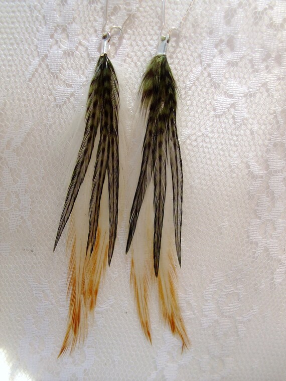 Feather Earrings Green Striped Feathers