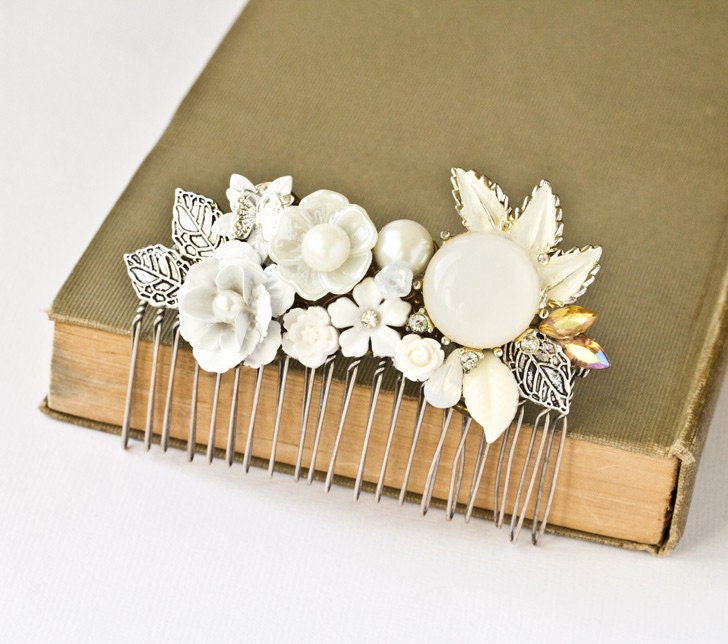 Hair Comb Silver Wedding Bride Shabby Chic Vintage Collage