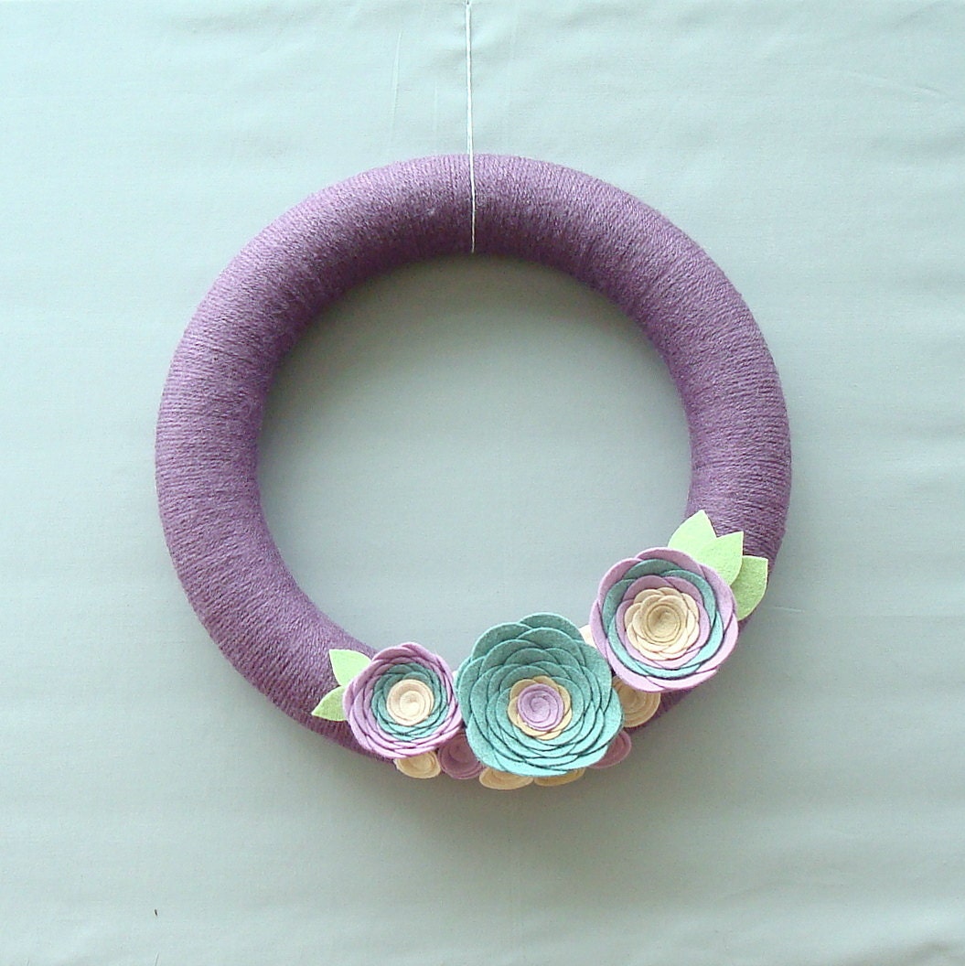 Violet Crown Yarn and Felt Flowers.  12 "Lilac Purple wreath door with blue, green, brown and cream felt flowers. Unique home decor.