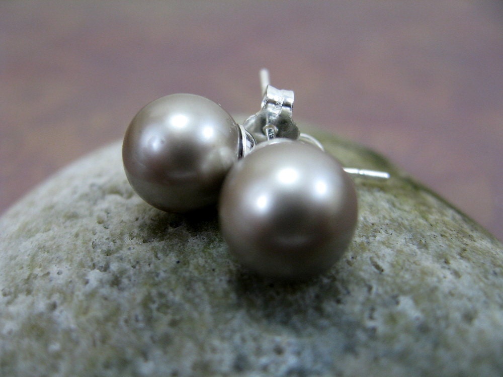 Oyster Linen - Pearl Stud Earrings, Medium 8mm, Platinum Swarovski Crystal Pearls, RiverGum Jewellery