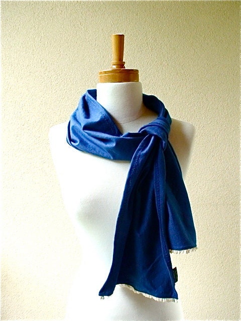 Long lacy scarf in royal blue - hand dyed organic cotton and cotton lace