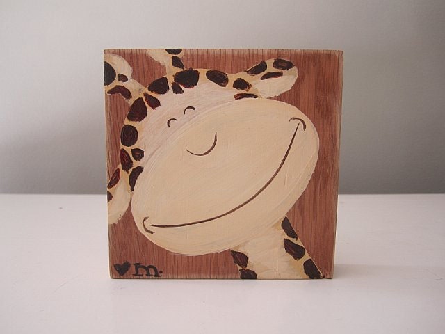 RESERVED Repurposed wood block Smiling Giraffe painting