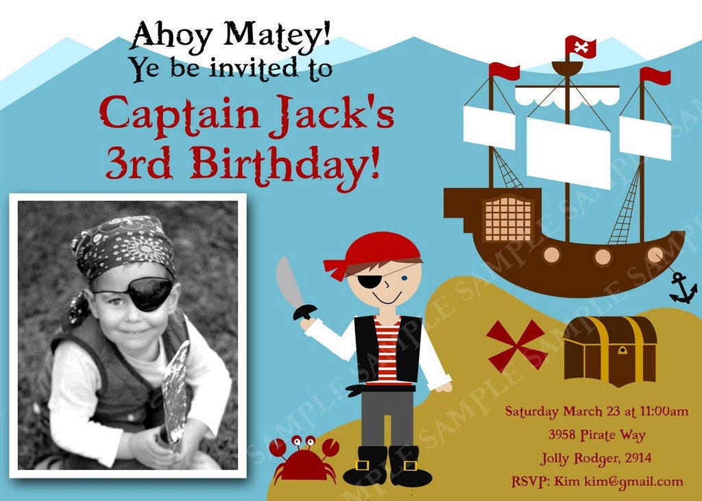 PIRATE PARTY Invitation with Pirate, Ship, Crab and Treasure chest. Printable file with PHOTO