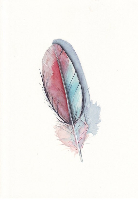 Feather  Burgundy  and Teal 2 - fine art print of watercolor painting