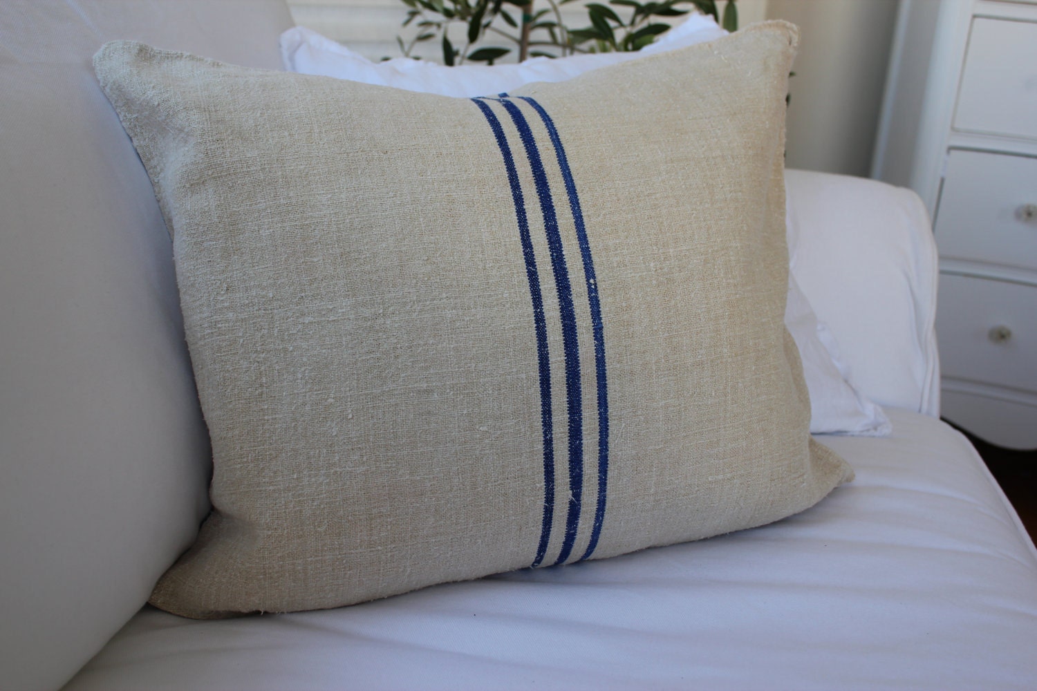 Vintage European Grain Sack Pillow Blue Striped