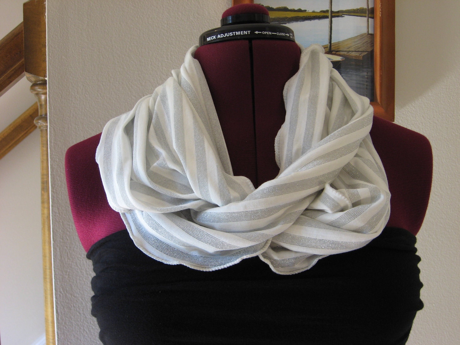 Infinity scarf in silver and white shimmer stripe