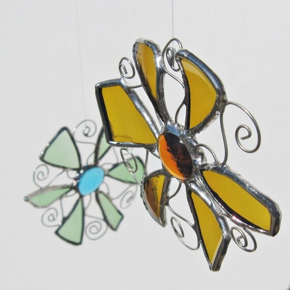 Sunshine Flower Stained Glass and Wire Mobile with Recycled Glass