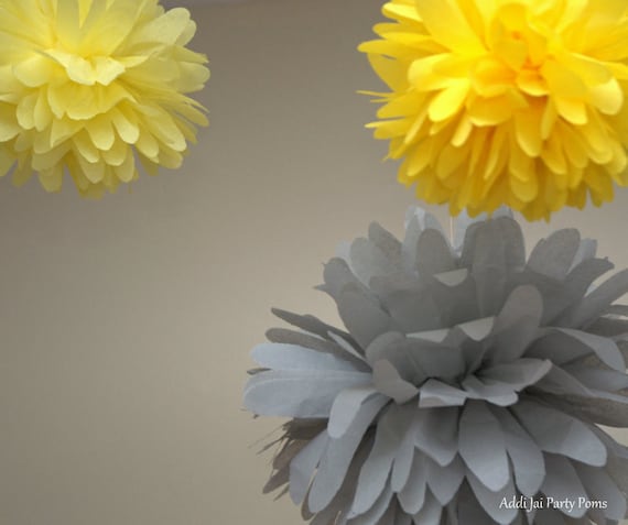 Partly Sunny gray and yellow pom pom set of 3